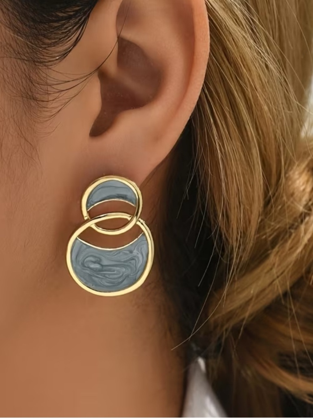 Gold-Tone Hoop Drop Earrings with Marble Gray Inlay - Women Jewelry